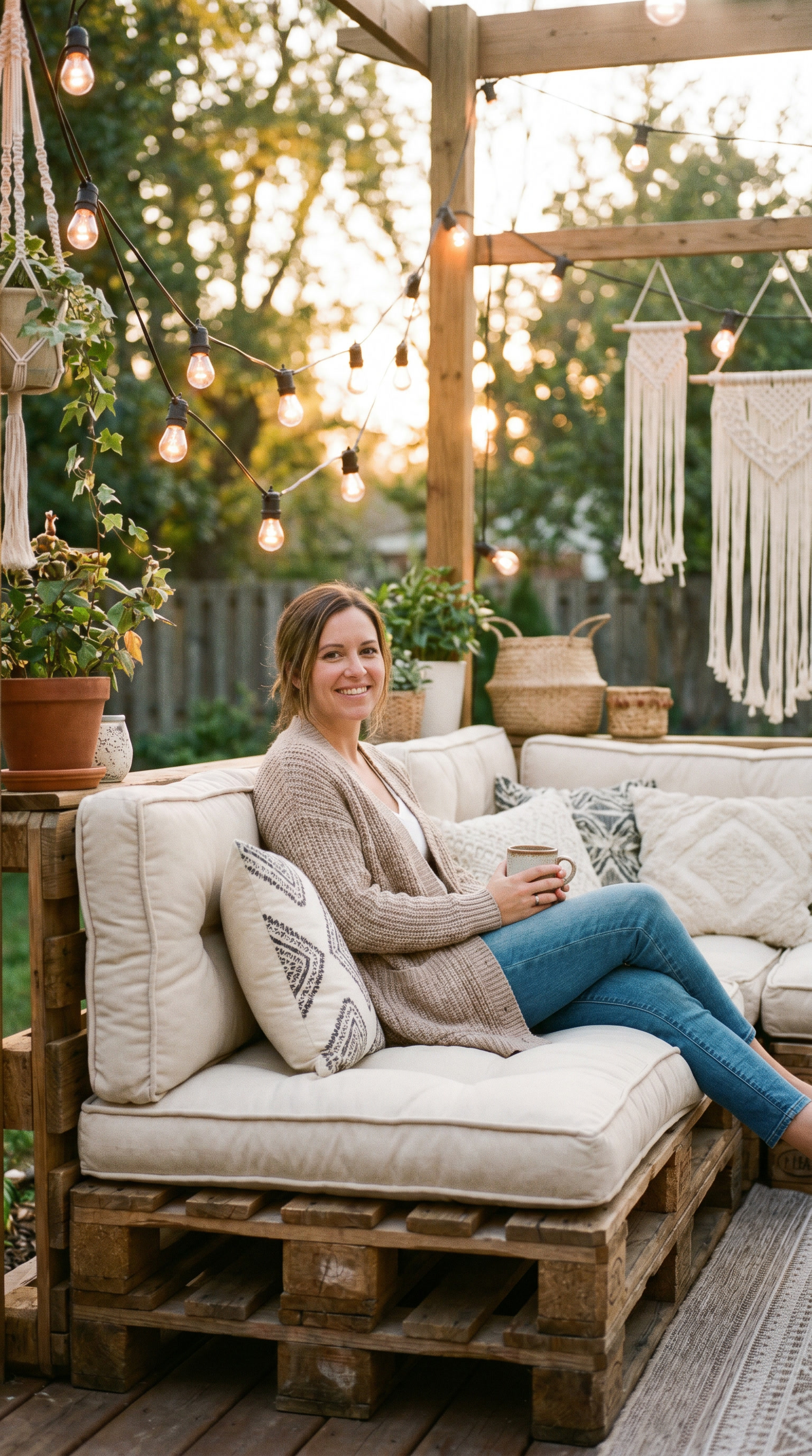 Luxurious backyard patio at golden hour
